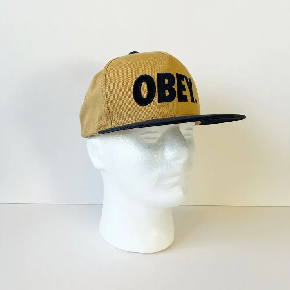 Obey Box Logo Snapback Hat Flat Bill Camel Brown Black Men’s One Size Adjustable - Picture 2 of 6
